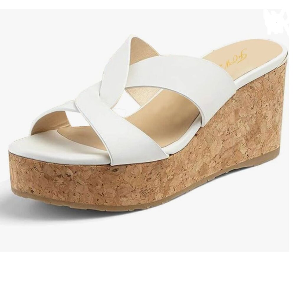 FOWT White Almond Toe Cross Strap Slip on Platform High Wedge Heel Slide Sandals